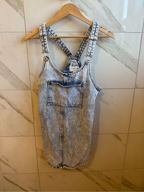 Acid-Wash Denim Mini Overall Dress in Light Blue